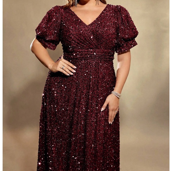 Plus Sequin Puff Sleeve High Waisted Party Formal Wedding Dress - Picture 3 of 9